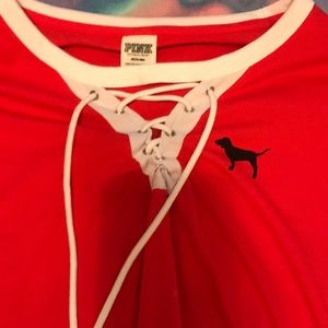 cross neck white rim red long sleeve-pink